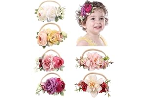 Cinaci 6 Pack Delicate Rose Flower Nylon Headbands Floral Bows Headband Super Stretchy Hair Bands Fancy Headpieces Tiara Crown Accessories Bulk for Baby Girls Newborns Infants Toddlers Kids