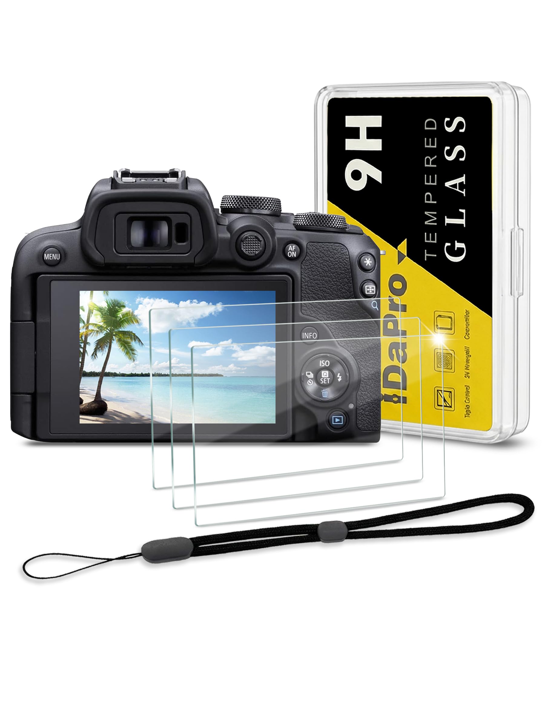 iDaPro Screen Protector for Canon EOS R50 V R50V/EOS R100 /EOS R10 + Hand Lanyard [3+1 Pack] Tempered Glass,9H Hardness,Anti-Scratch,Anti-Bubble,Easy Installation