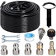 Zejoot 100FT Sewer Jetter Kit for Pressure Washer, 5800PSI Drain Cleaner Hose 1/4 Inch NPT Corner with 4 Sewer Jetting Nozzles，Waterproof Tape，Pearl Corsage Pin，Handle Strap & 2 Spanners (Black)