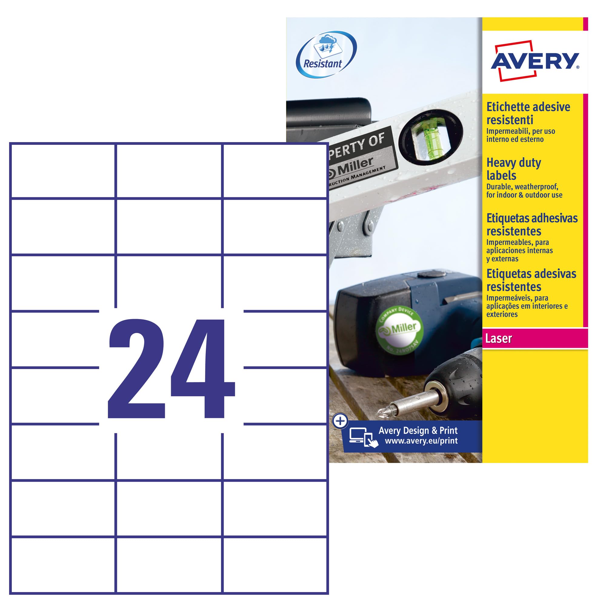 Avery Zweckform L4718 20 Outdoor Waterproof Film Labels (480 Labels 70 x 37 mm 20 Sheets White