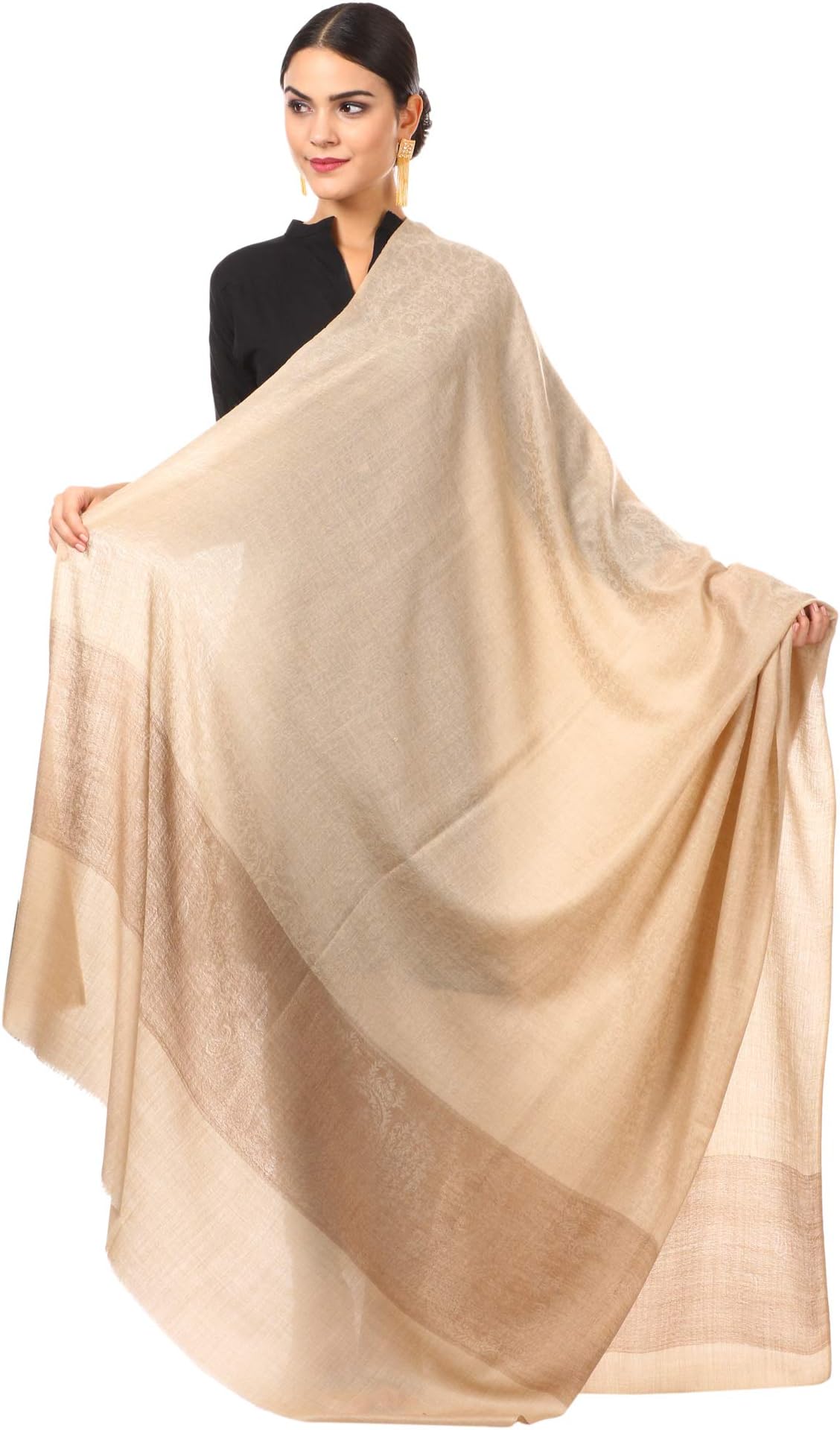 PashtushWomen's Woollen Paiseley Weave Shawl (55_jacquard_palla_ph, Natural Beige, Free Size, 45x90 Inches)