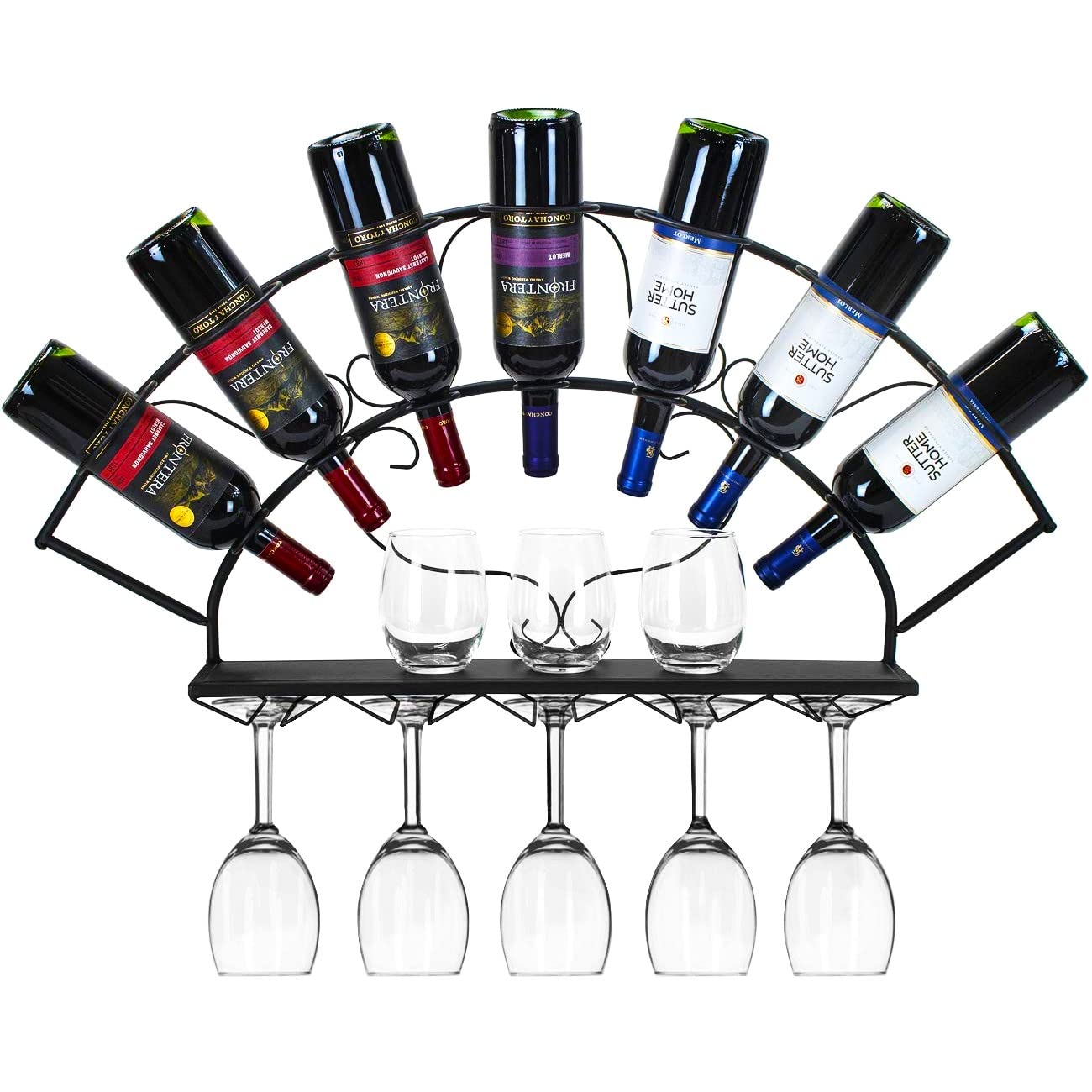 Sorbus® Estante para copas de vino para copas de vino montado en la pared - Estilo Chateau Burdeos - Capacidad para 7 botellas de su vino favorito - Almacenamiento elegante para cocina, comedor, bar o bodega (negro)