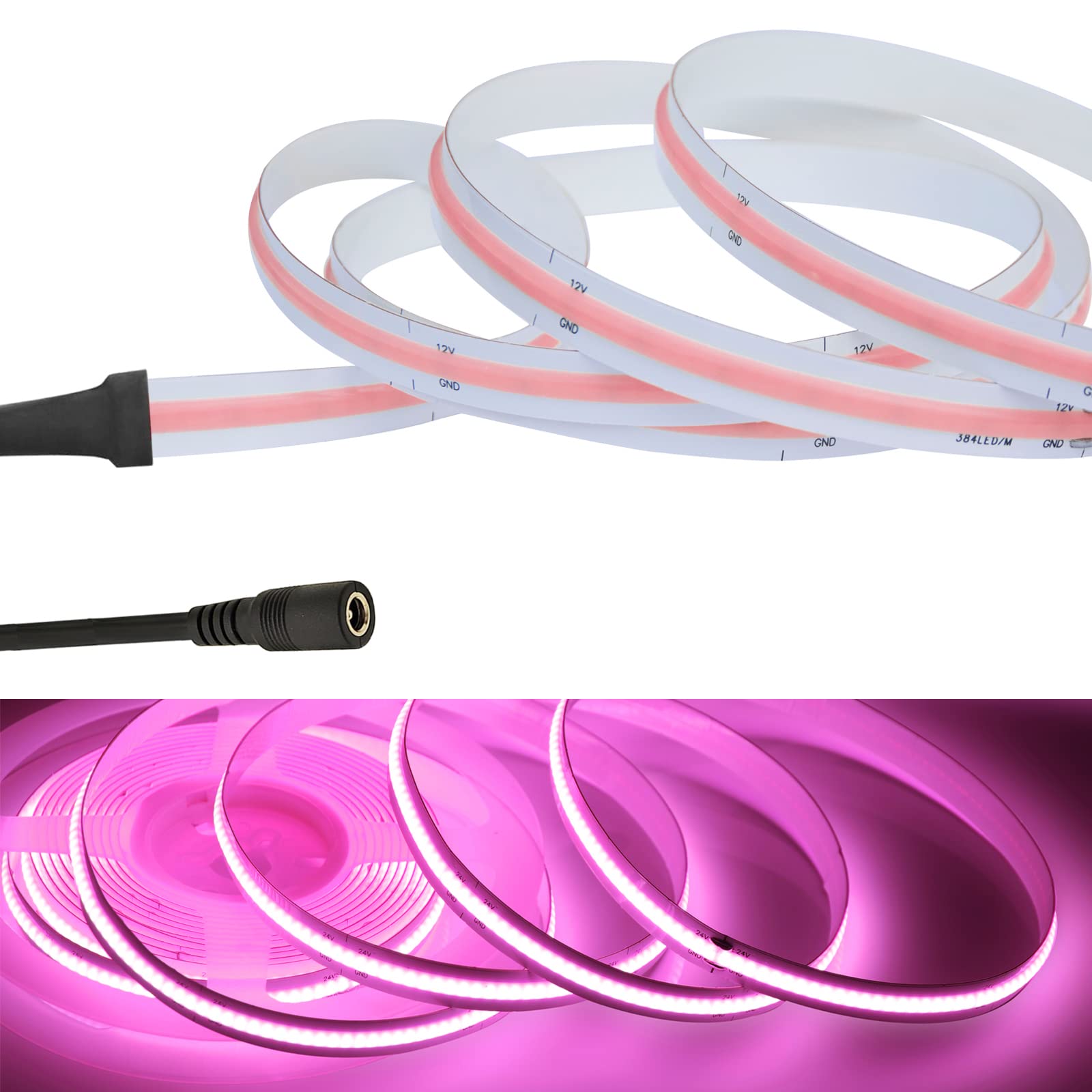 RYE 4M DC12V COB LED Pink Strip Light,320 LEDs/M,0.5~5M Rope/Tape Light DIY as TV Backlight,Kitchen Under Counter/Cabinet/Wardrobe/Cupboard/Stairs Step Light,Power Supply Excluded.