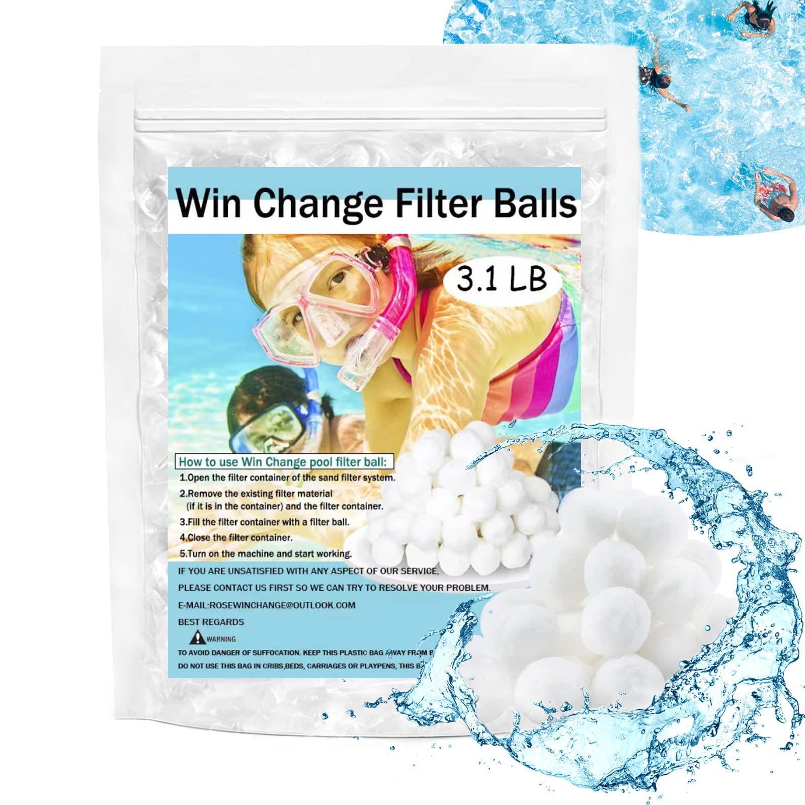 Photo 1 of Win Change 3.1 LB Pool Filter Balls,Filter Balls for Sand Filter Pump for Above Ground Pool Eco-Friendly Fiber Filter Media for Swimming Pool Sand Filters(Equals 100 LB Pool Filter Sand).(White 3.1LB)