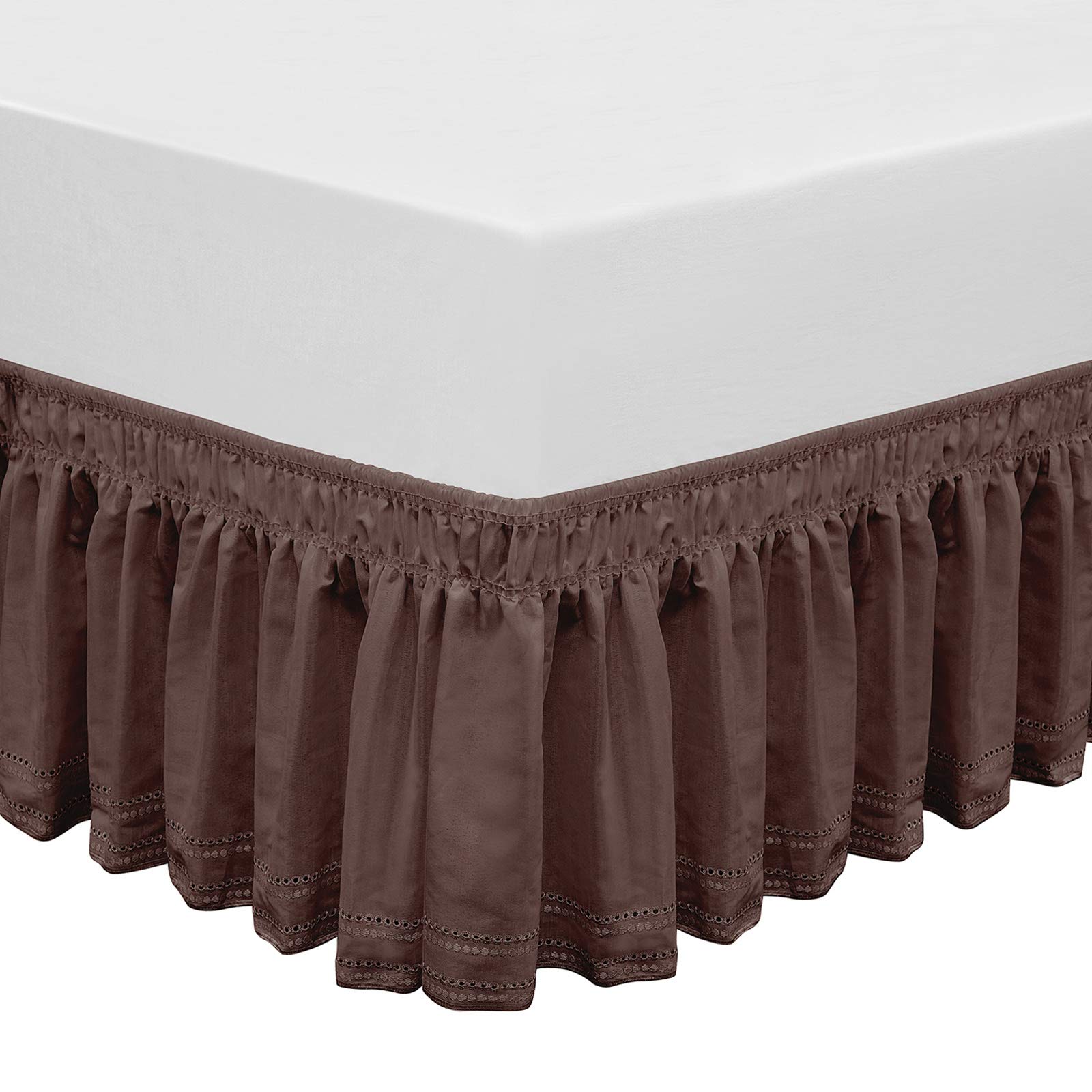 Photo 1 of QSY Home Wrap Around Elastic Eyelet Bed Skirts 14 1/2 Inches Drop Dust Ruffle Three Fabric Sides Easy On/Easy Off Adjustable Polyester Cotton(Brown Queen/King)