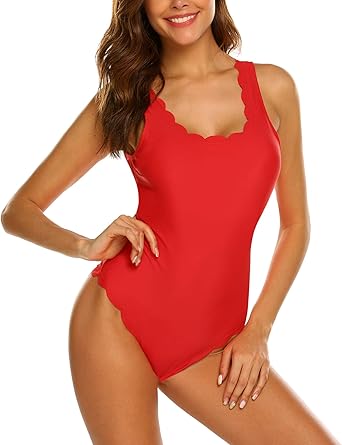red scalloped one piece swimsuit