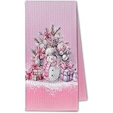 ChissNook Pink Coquette Bow Christmas Snowman Kitchen Towels, Preppy Winter Dish Towels Drying Cloth for Kitchen, Winter Holiday Xmas Snowman Decorative Hand Towel for Bathroom, 16x24 Inch