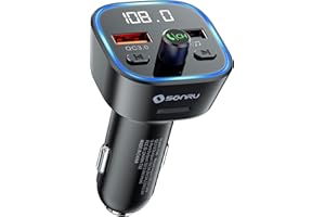 SONRU Bluetooth 5.3 FM Transmitter, Wireless Radio Adapter Car Kit, Audio Receiver Car Charger, Wireless FM Radio Transmitter, Hands-Free Calling and 2 USB Ports Charger, HiFi Treble & Bass Player