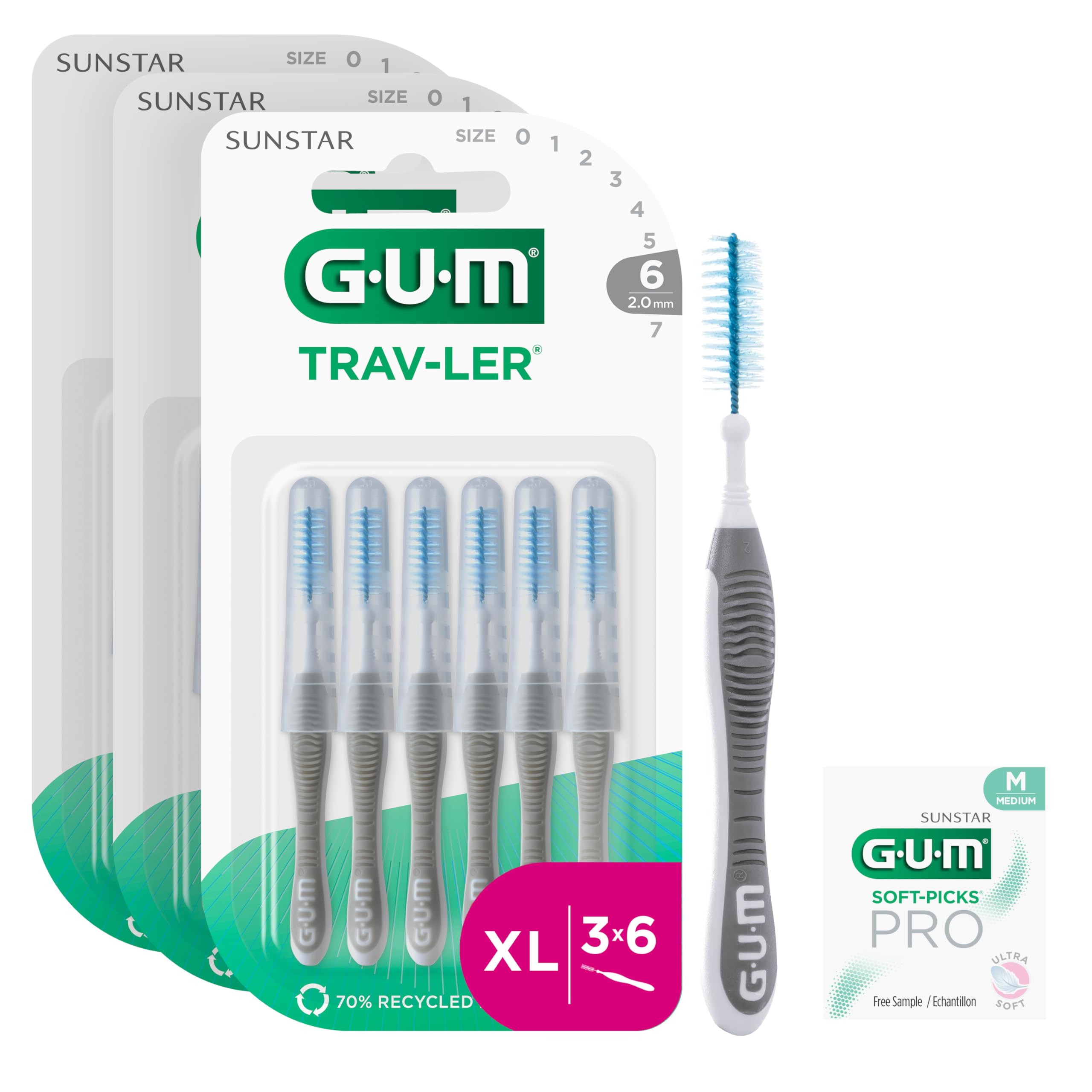 GUM TRAV-LER | interdental Brushes | Bendable Handle | Thorough Cleaning Between Teeth and Plaque Removal | 2.0 mm, ISO 6 | Size XL | 3x6 Bundle (with 1 Bonus Sample)