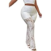 Womens Lace Pants for Women Sexy Lace Flare Pants for Women Black Mesh Pant See Through Sheer Rave