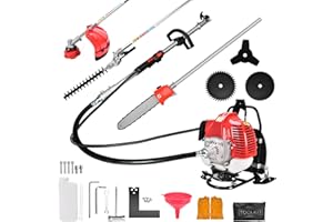 DATINGDAY 6 in 1 52cc Brush Weed Cutter Petrol Hedge Trimmer Grass Pruner Chainsaw Trimmer with Four Mowing Heads for Gardening Care