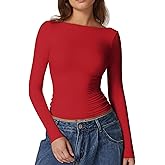 QINSEN Women's Sexy Open Back Long Sleeve Shirts High Neck Double Lined Tees Fitted Going Out Tops