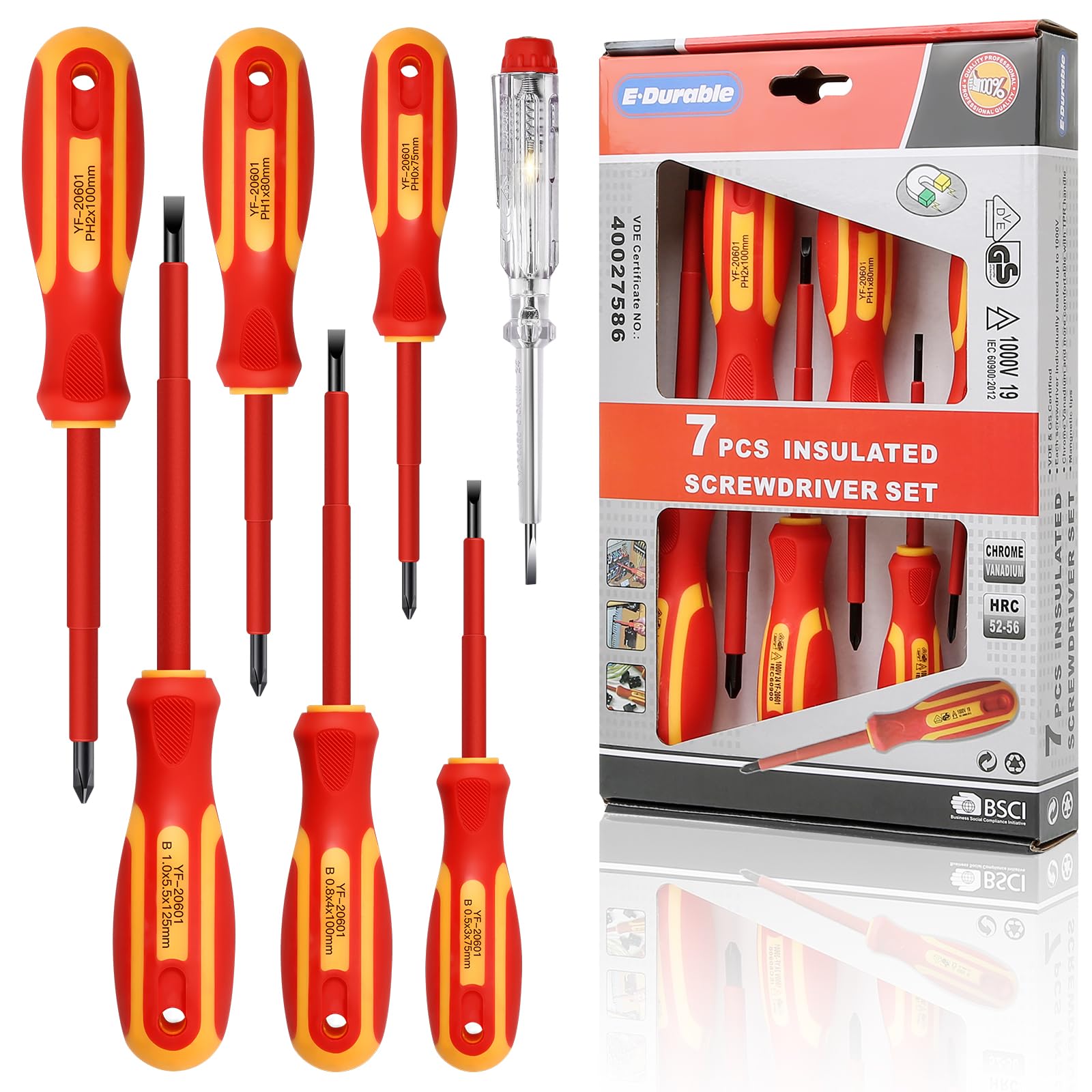 E·Durable 7pcs VDE Insulated Screwdriver Set, Magnetic Torque Screwdriver Set to 1000v, Multifunctional Tool Kit Chrome Vanadium Screwdrivers TPR Handle for Home and Professional Use, Red