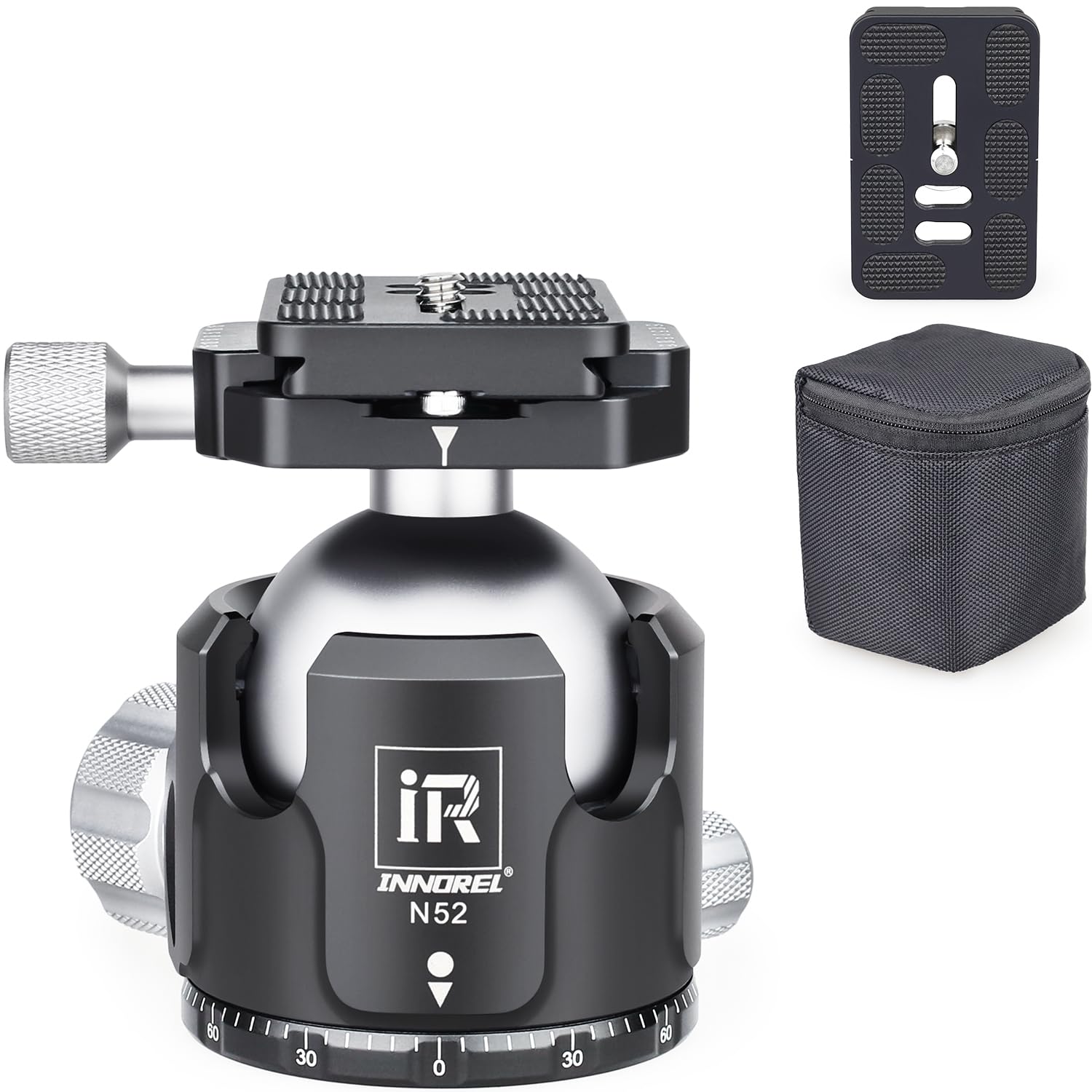 INNOREL Low Profile Tripod Ball Head 52mm Ball Dia Max Load 66lb/30kg All Metal CNC 360° Panoramic Shooting Camera Mount with Two 1/4" Arca Swiss Quick Release Plates for Tripod DSLR Camcorder(N52)