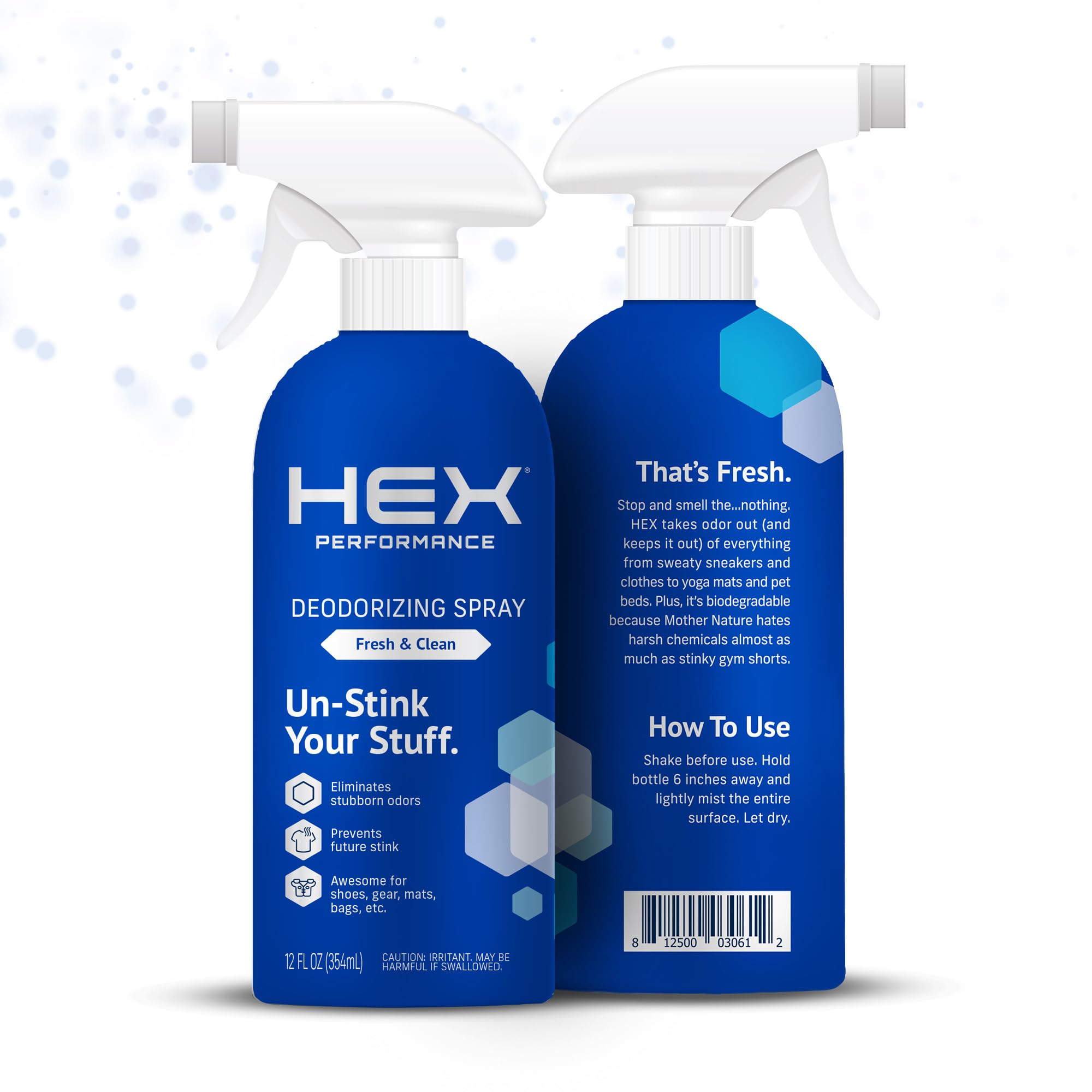 HEX Performance Deodorizing Spray, Fresh & Clean, 12oz (Pack of 2) - Awesome for Shoes, Gear, Activewear & Fabrics, Yoga Mats & Gym Equipment, Carpet, Pets, Odor Eliminator & Fabric Refresher Spray