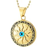 Gold-Tone Steel Sun Pendant Necklace with Blue Evil Eye, Protective Amulet Jewelry for Men and Women