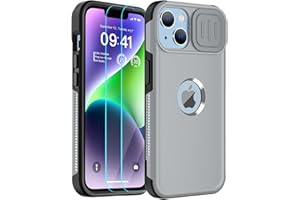 SUPFINE for iPhone 14 Case with Slide Camera Cover,[10 FT Military Grade Drop Protection] [2+Tempered Glass Screen Protector] Non-Slip Heavy Duty Full-Body Slim Shockproof Phone Case,Grey