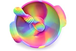PrimaStella Unbreakable Silicone Non-Slip Bowl and Chew Spoon Set for Babies and Toddlers (Rainbow Swirl)