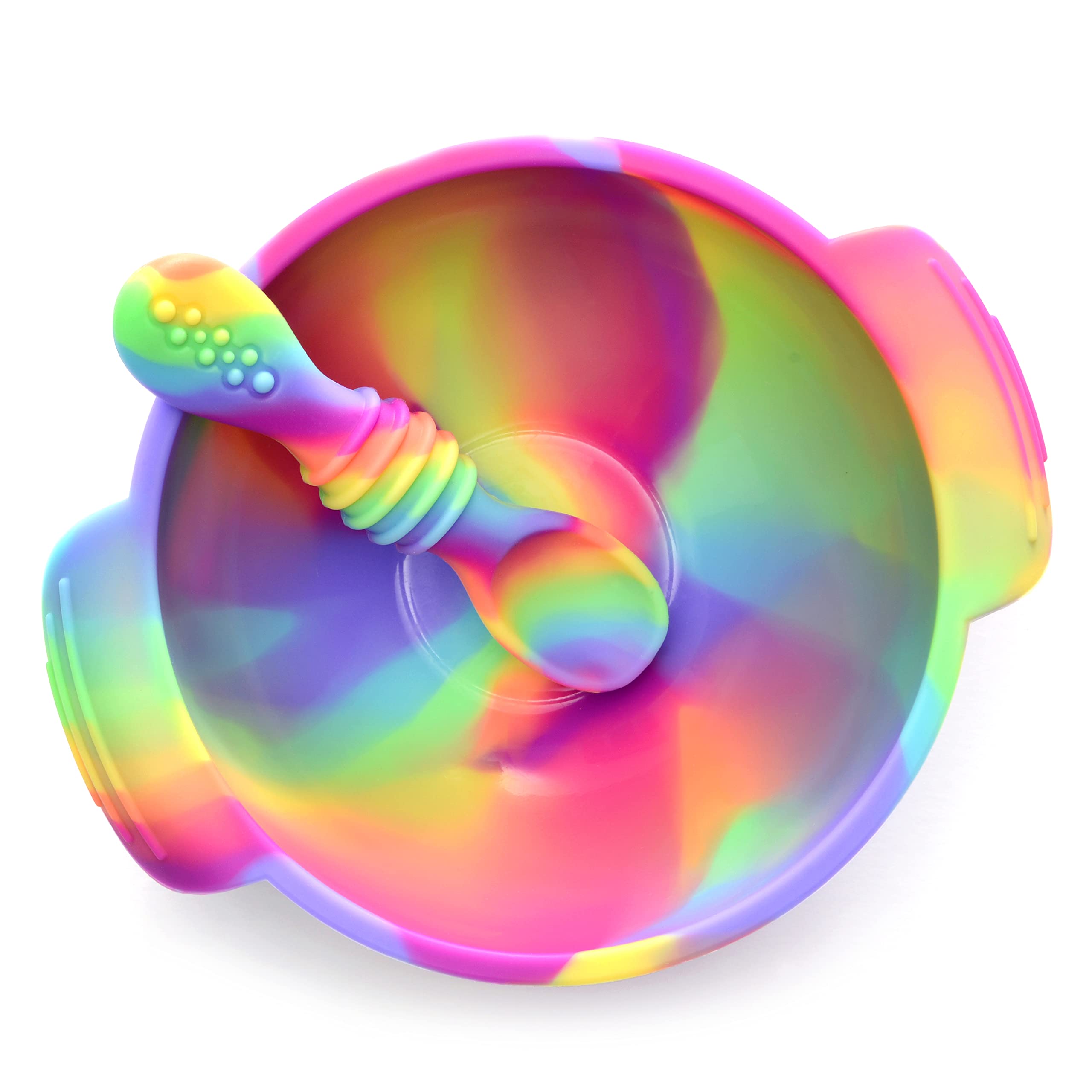 PrimaStella Unbreakable Silicone Non-Slip Bowl and Chew Spoon Set for Babies and Toddlers (Rainbow Swirl)
