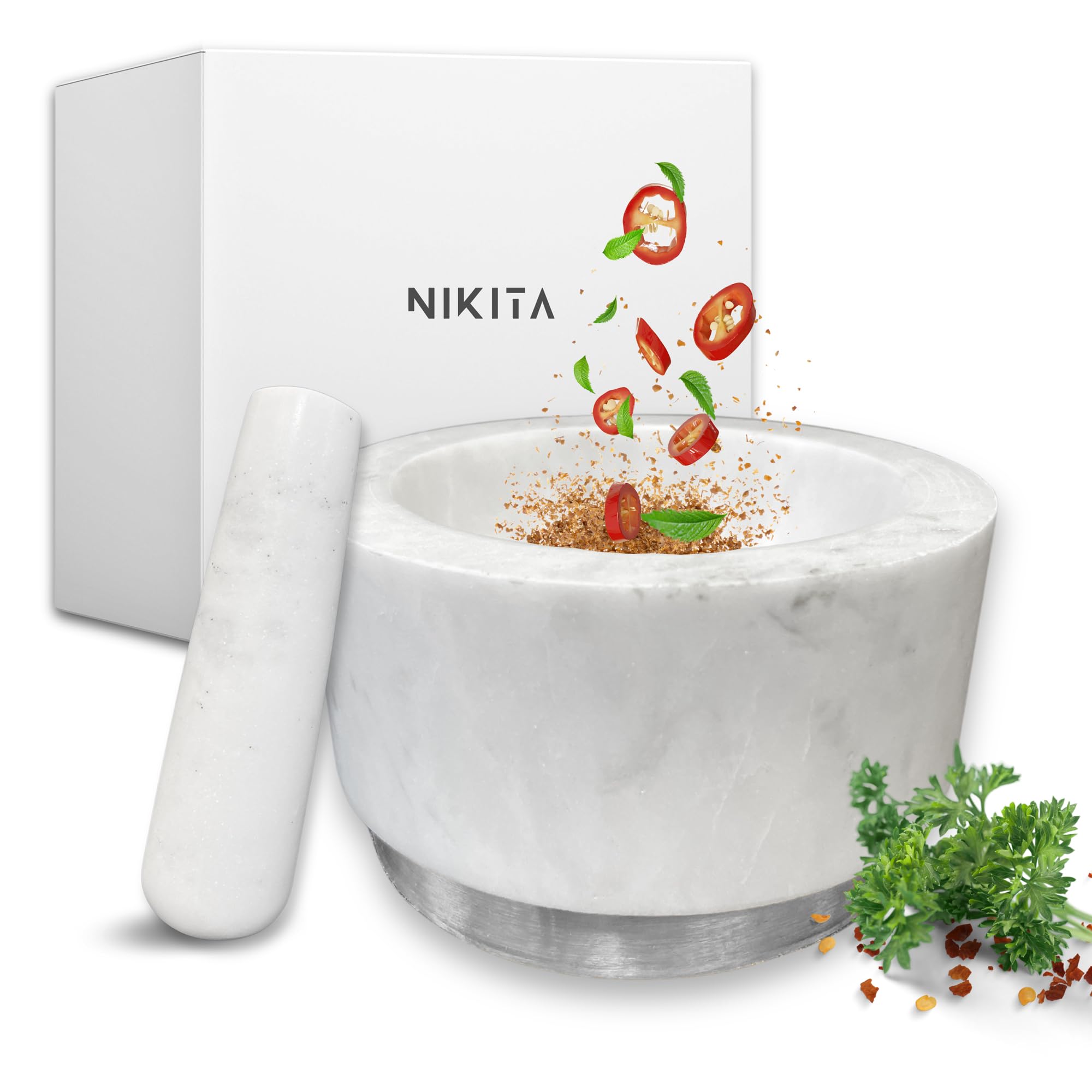 NIKITA White Marble Pestle and Mortar Set - Large Mortar and Pestle Set for Herb and Spice Crusher Kitchen Set - Heavy and Durable Stone Pestle and Mortar - Silver