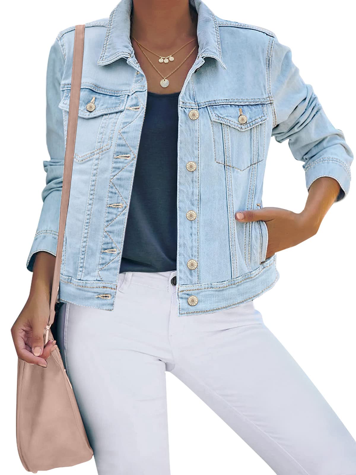 Photo 1 of luvamia Women's Casual Basic Button Down Stretch Regular Fit Long Sleeves Denim Jean Jacket Azure Mood Size Medium