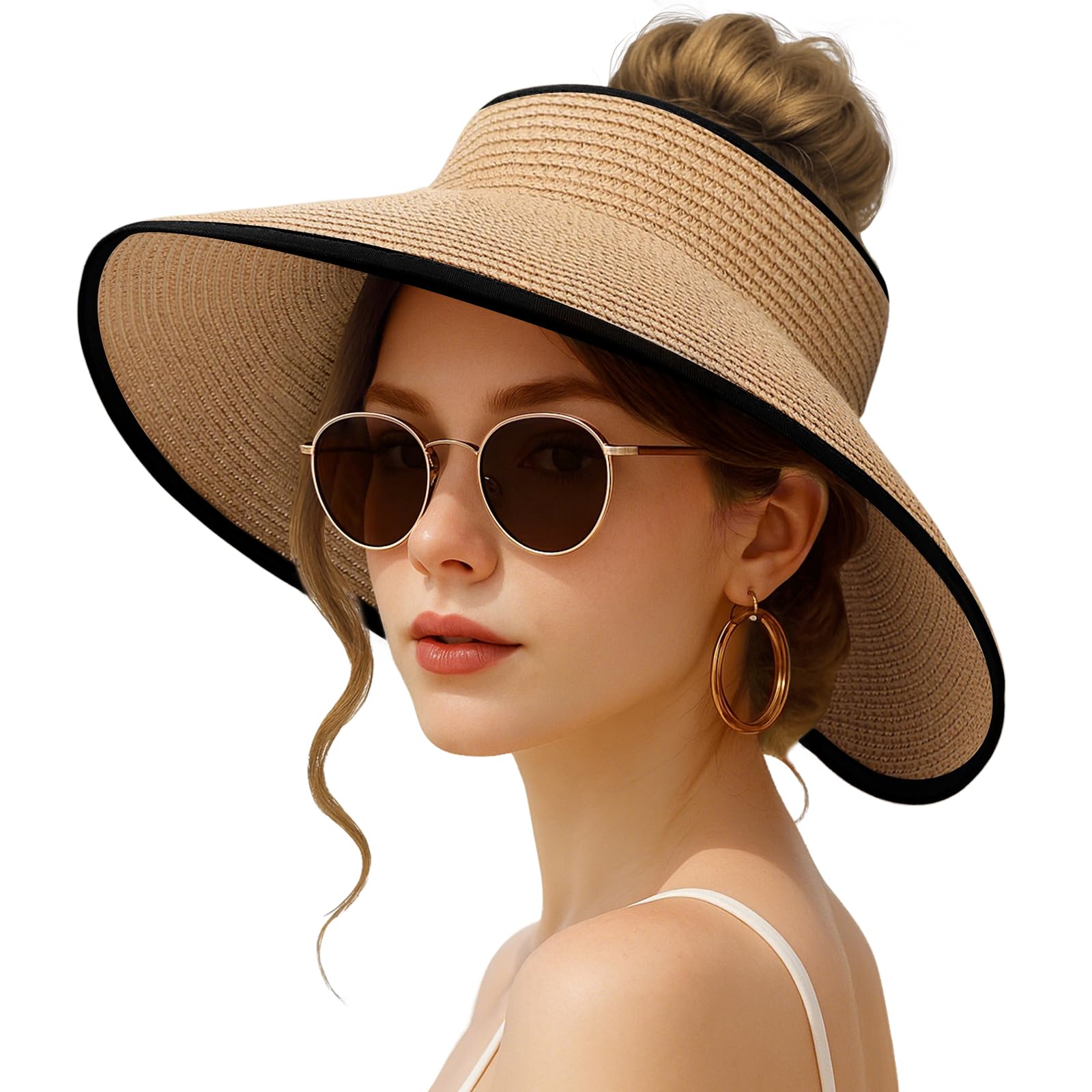Photo 1 of XMMAXFLOW Sun Hats for Women Beach Hats Wide Brim Straw Sun Visors Ponytail Hat Summer Packable Foldable Travel UV Protection Hat, Khaki with Black