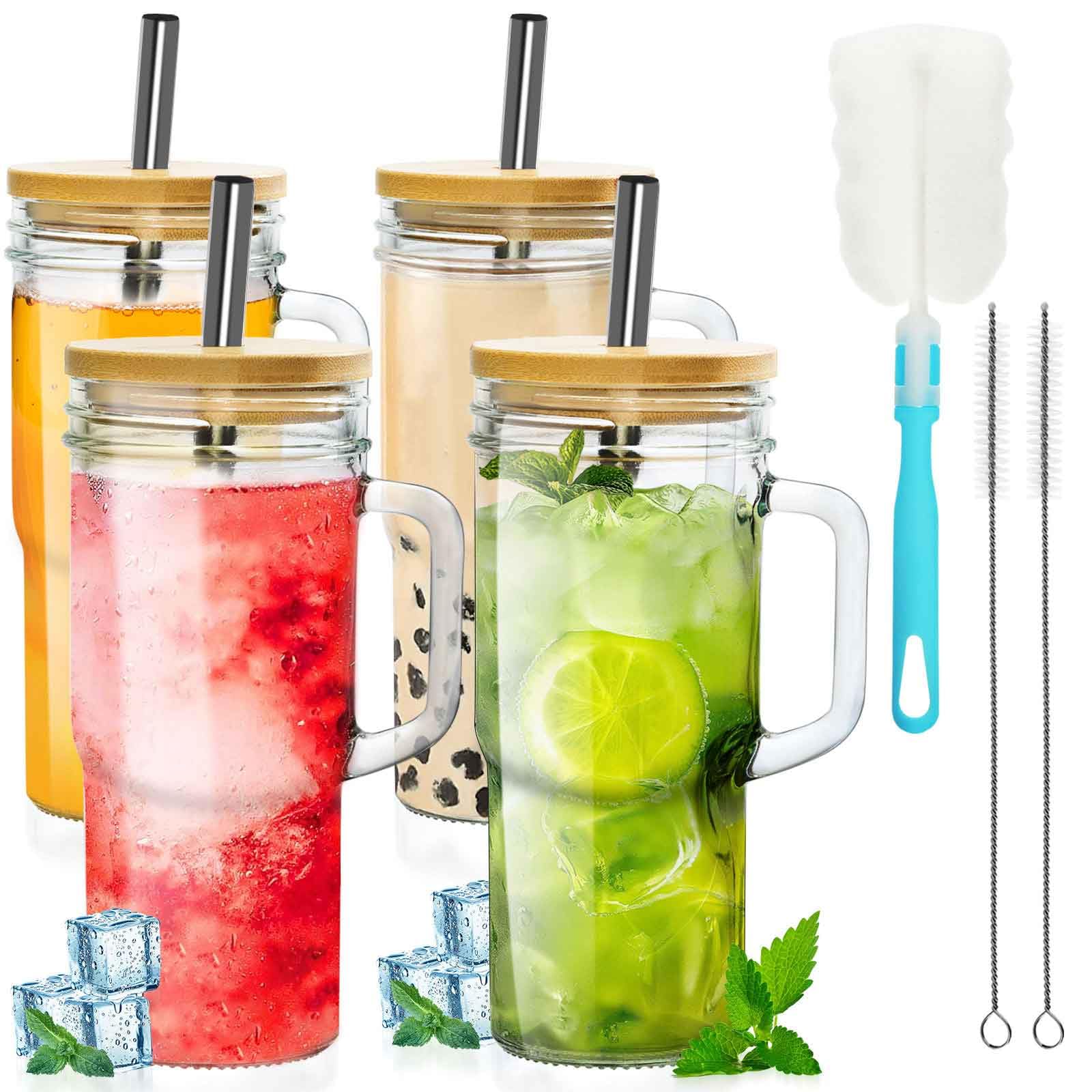 Photo 1 of *** MISSING 1 CUP SET****   OTOB 4 Pack Glass Cups with Lids and Straws, 24oz Iced Coffee Cup Mason Jar Cups, Glass Tumbler with Handle Bamboo Lid, Wide Mouth Boba Drinking Water Glasses for Smoothies Beer Fruit Water Tea Coffee