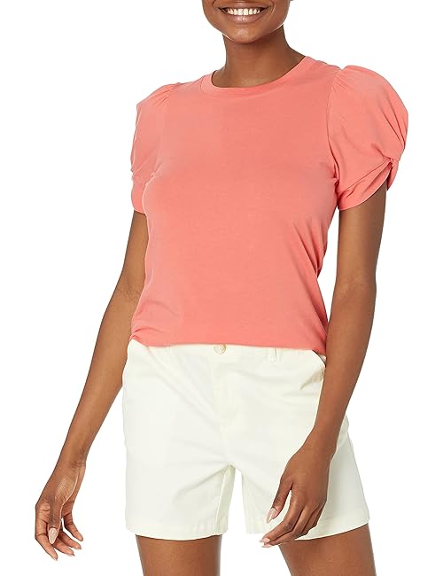 Amazon Essentials Women's Regular-Fit Twist Sleeve Crewneck T-Shirt, Coral Pink, Medium