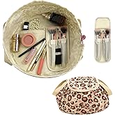 SUMBABO Drawstring Cosmetic Bag for Women - Barrel Drawstring Makeup Bag Lay Flat for Travel Toiletry Bag with Brush Bag (Pink Leopard)