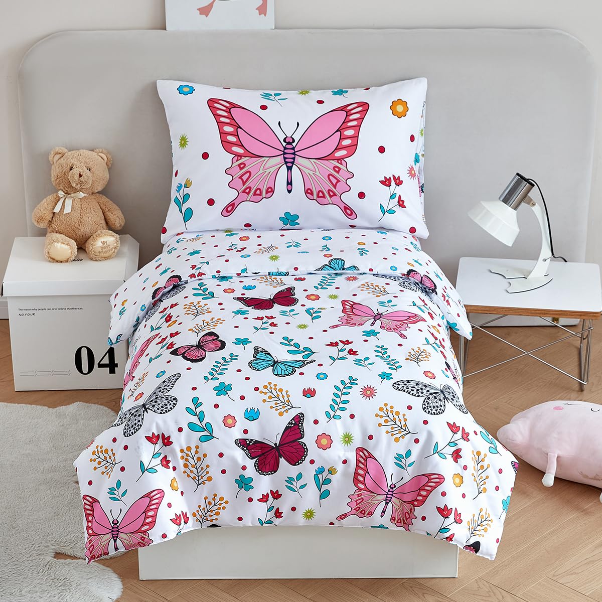 STYHO White Toddler Bedding Set Girls Butterfly Printed Duvet Cover Soft Reversible Colorful Floral Cot Bed Duvet Cover Set for All Seasons(Butterfly, Cot Bed) — image 1