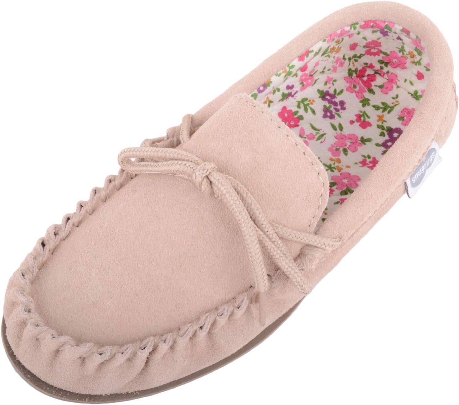 SNUGRUGSLadies Cotton Lined Pink Suede Moccasin Slippers with Hard Sole. Sizes 3 to 8