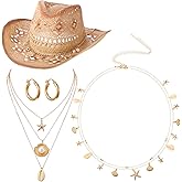 Geyoga 4 Pcs Boho Jewelry Set Western Cowboy Hat Vintage Turquoise Belt Necklace Earrings for Women