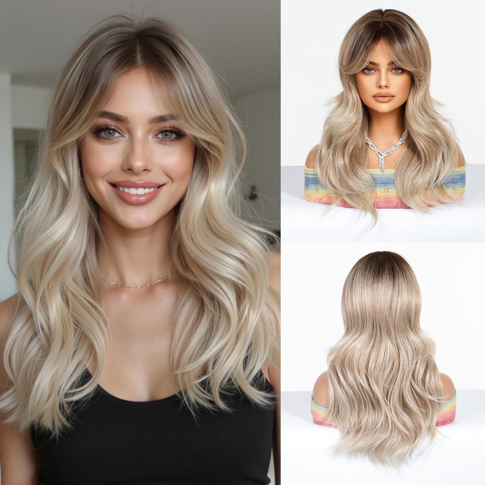 OUFEI Long Ombre Ash Blonde Wig With Curtain Bangs Natural Wavy Wigs for Women Natural Synthetic Hair Heat Resistant Wigs for Daily Party Cosplay Wear — image 1