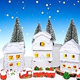 Wowagoga 21 Pcs Ceramic Christmas House Village Sets, 4.3 Inch White Resin Houses, Christmas House Decor Figurines Town with Light-Up