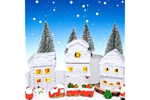 Wowagoga 21 Pcs Ceramic Christmas House Village Sets, 4.3 Inch White Resin Houses, Christmas House Decor Figurines Town with Light-Up