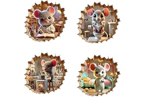 NEXIHOO Creative 3D Mouse Hole Wall Decals - Set of 4 Different Themes for Kids Room Decor, Classroom Decor, and Bathroom Stickers, Peel and Stick Wall Murals for Easy Application and Removal