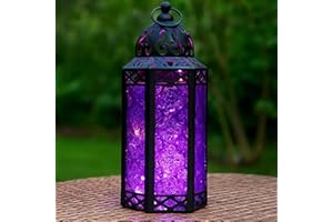 VELA LANTERNS 10.5” Purple Metal Moroccan Decorative Candle Lantern with LED Twinkle Fairy Lights & Remote – Gothic Fantasy Lantern for Halloween Table Centerpieces, Indoor Home Decor, Outdoor Patio & Porch