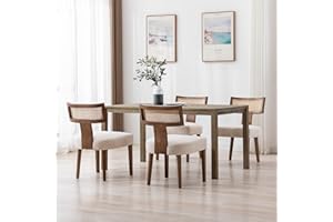 RIVOVA Rattan Dining Chairs Set of 4, Mid Century Modern Dining Chair Upholstered Linen Fabric Kitchen Side Chair, Modern Kitchen Armless Solid Wood Dining Chairs, Beige