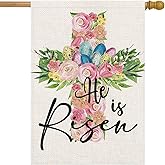 LHSION Spring Easter House Flag 28 x 40 Inch He is Risen Cross Religious With Eggs Flowers Decorative Double Sided Burlap Flag for Farmhouse Yard Holiday Decoration