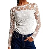 Women’s Lace Long Sleeve Tops Sexy Mesh Sheer Crew Neck Going Out Double Layered Blouse