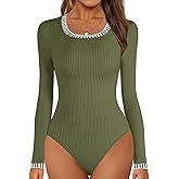 MEROKEETY Women's Long Sleeve Ribbed Knit Bodysuits Scoop Neck Slimming Fit Fall Trendy Sweater Tops