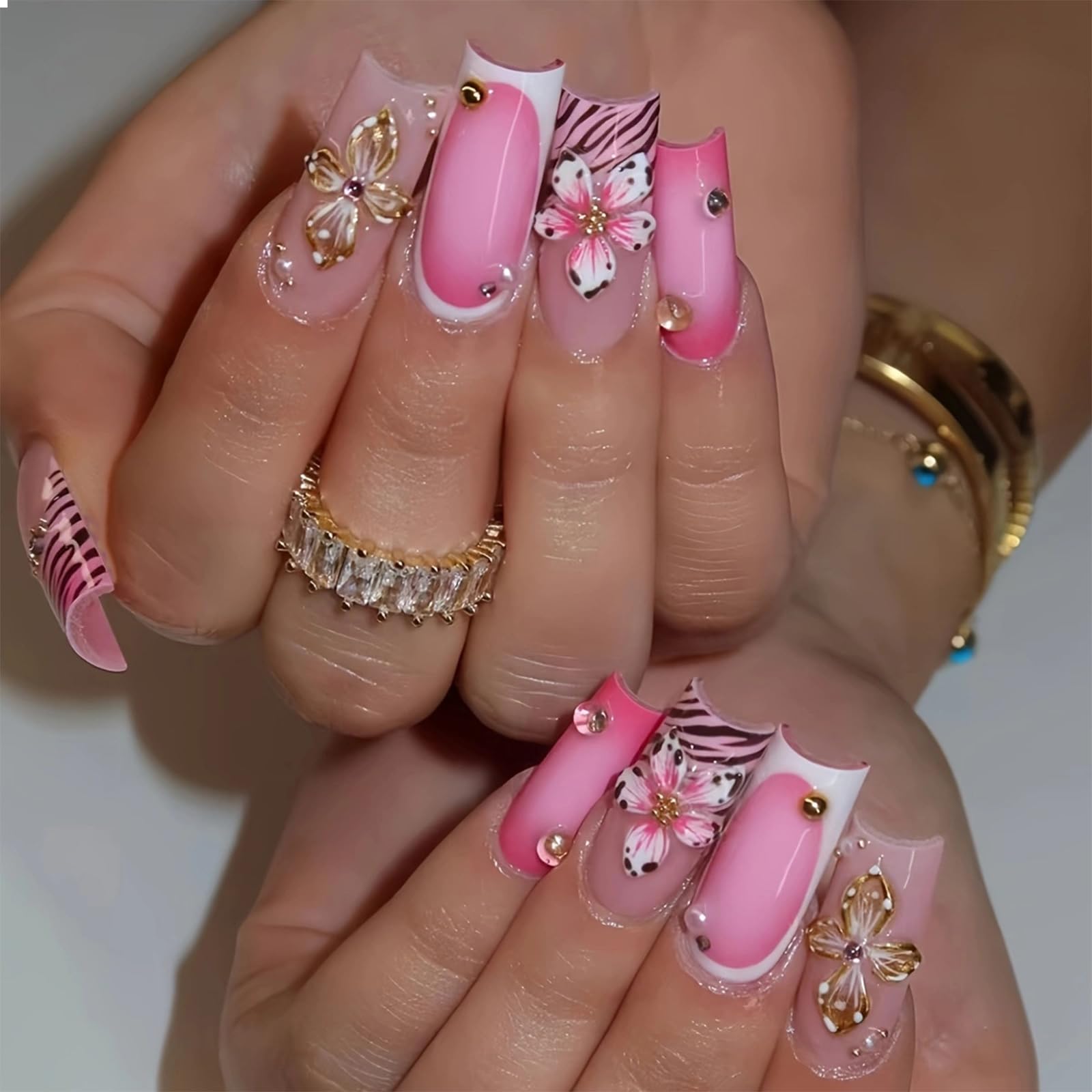 GlamRays Pack of 24 Y2K Pink Leopard Flowers 3D Glitter Stripes Long Coffin Nail Tips, Chic Sticky False Nail for Press On, Suitable for Women and Girls