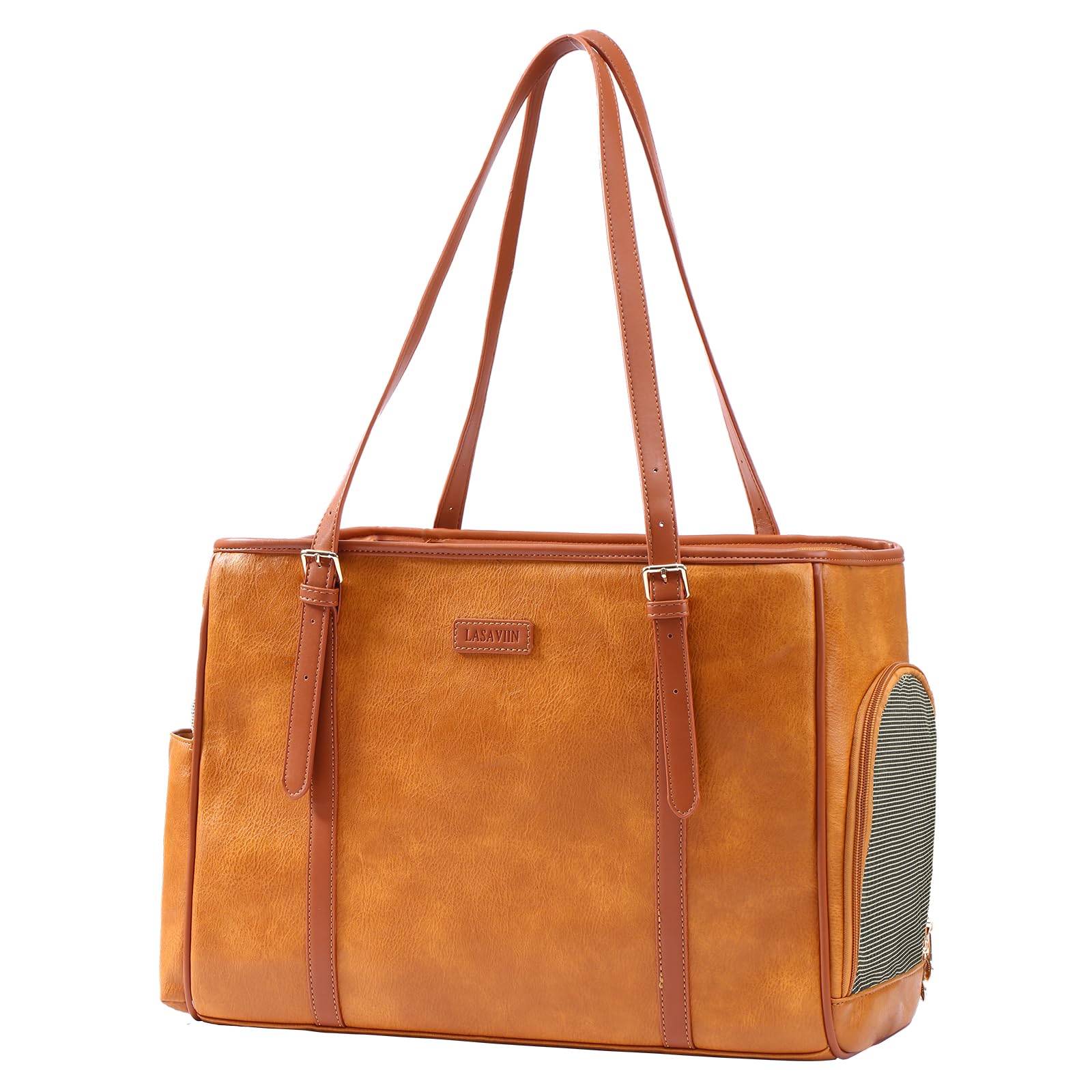 Lasaviin Leather Dog Bag for Small Dogs Cats Puppy Portable Airline Approved Soft Sided Carriers (Brown)