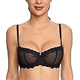 HACI Women's Lace Mesh Balconette Bra Sheer Demi Scoop Neck Push Up Plus Size Sexy Full Coverage Unlined Underwire