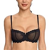 HACI Women's Lace Mesh Balconette Bra Sheer Demi Scoop Neck Plus Size Sexy Full Coverage Unlined Underwire