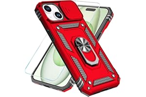SunStory Compatible with iPhone 15 Plus Case with HD Screen Protector & Slide Camera Cover & Rotated Ring Kickstand, [Military-Grade] Phone Case for iPhone 15 Plus,Red