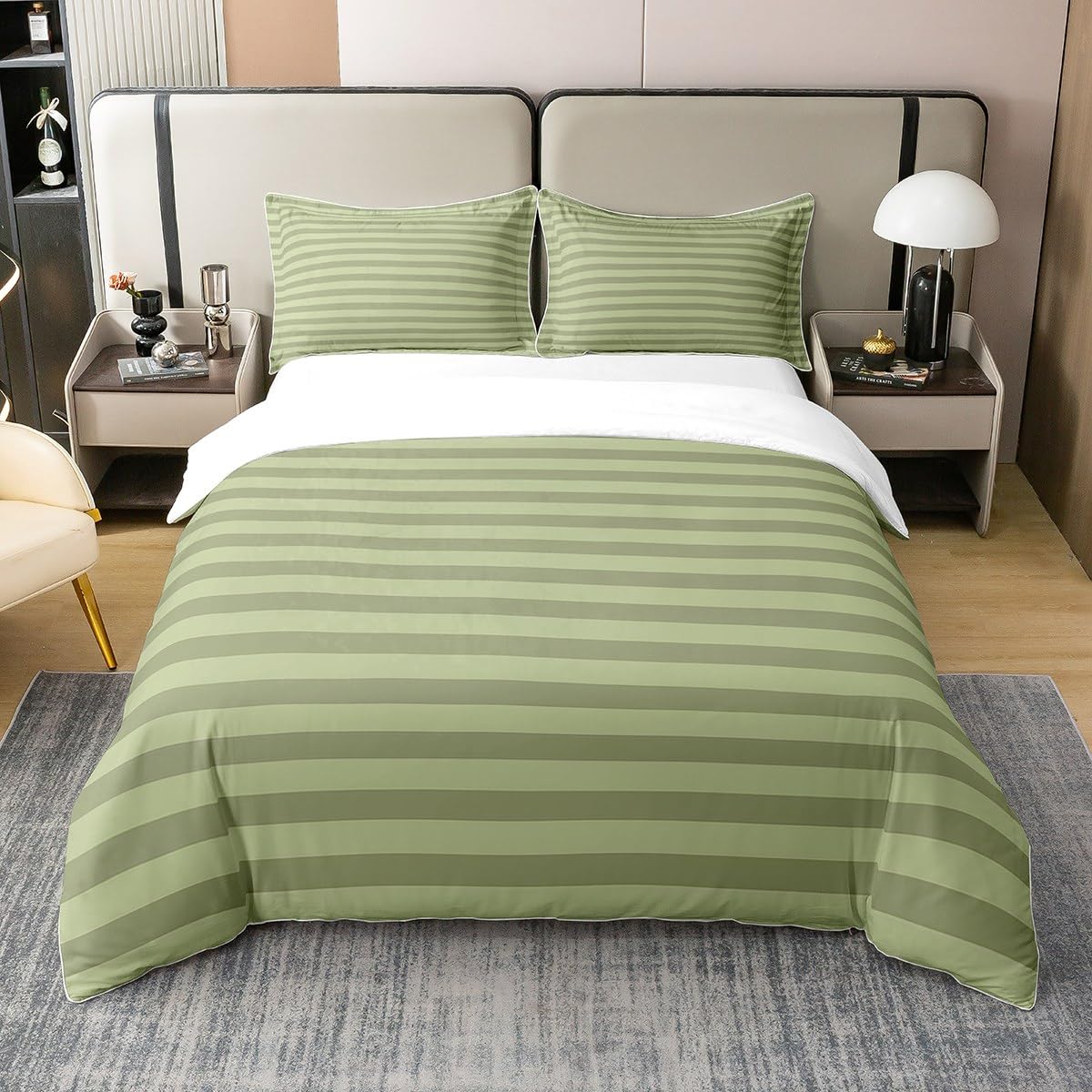 100% Cotton Green Stripe Bedding Set King Striped Duvet Cover for Kids Boys Girls Teens Adult Farmhouse Horizontal Stripes Geometric Lines Comforter Cover Ticsuper King Stripes Gothic Quilt Cover