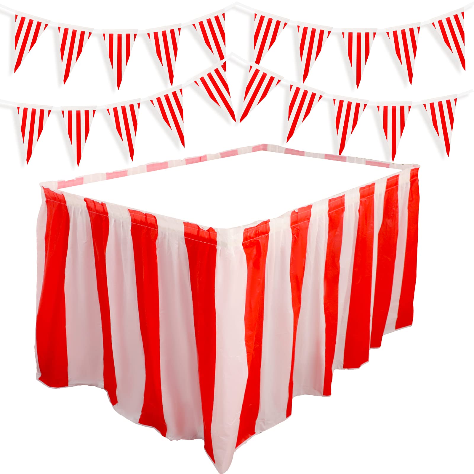 Tatuo Carnival Table Skirt Circus Pennant Bunting Flags Banner Wedding Carnival Circus Decoration Red White Striped Table Cloths for Carnival Birthday Theme Party Festival Celebration Supplies