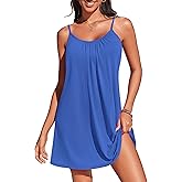AI'MAGE Women's Swim Cover Up Short Summer Beach Cover Up Dress Spaghetti Strap Pleated Neck Bikini Swimsuit Coverups Bathing Suit Royal Blue S