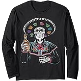 Skeleton Tequila Mexico Dia De Los Muertos Mexican Men Long Sleeve T-Shirt